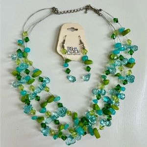 Trisha Waldron Blue and Green Beaded Necklace and Earring Set